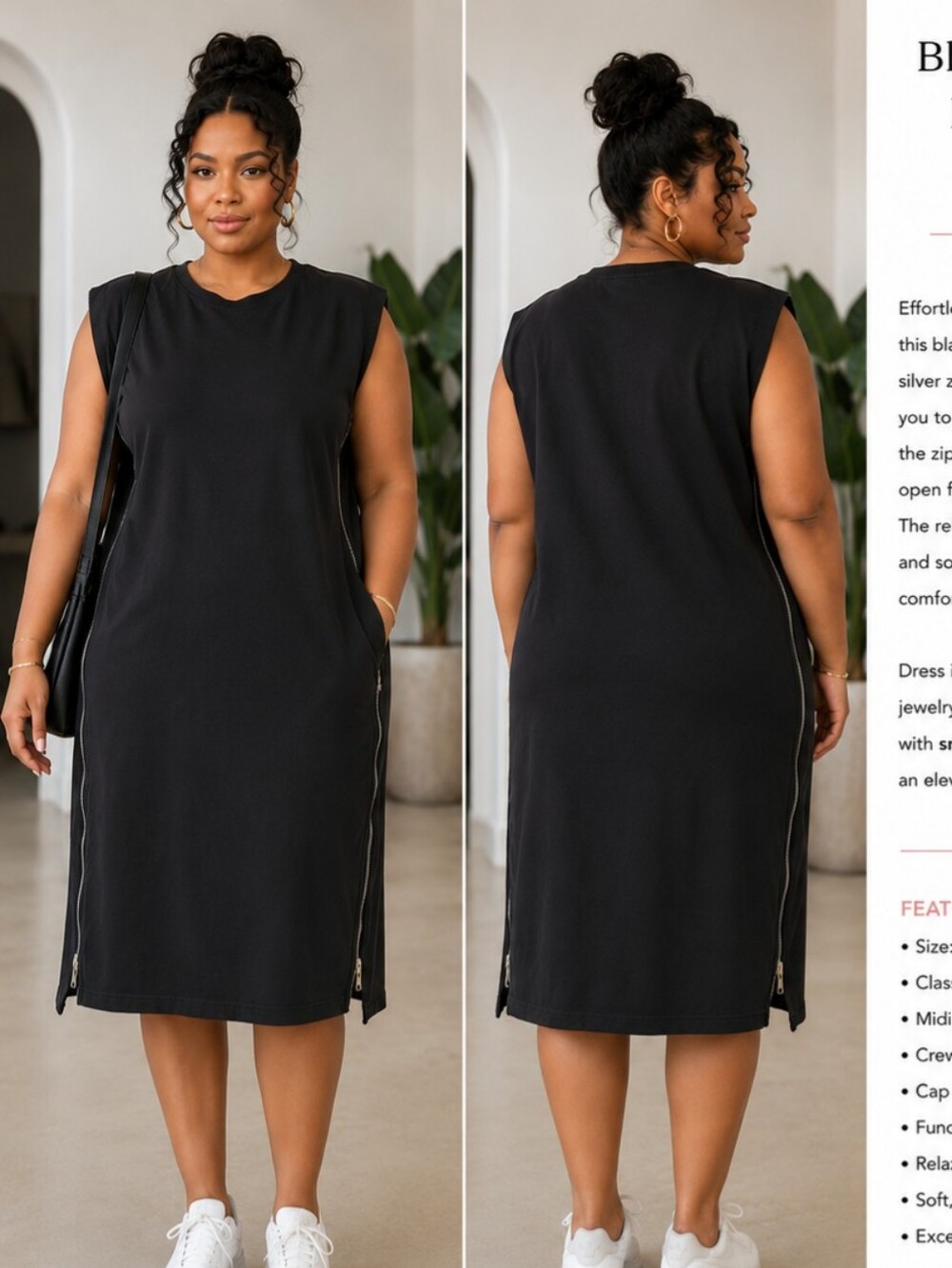 🖤 Chic Black Midi Dress with Double Side Zippers